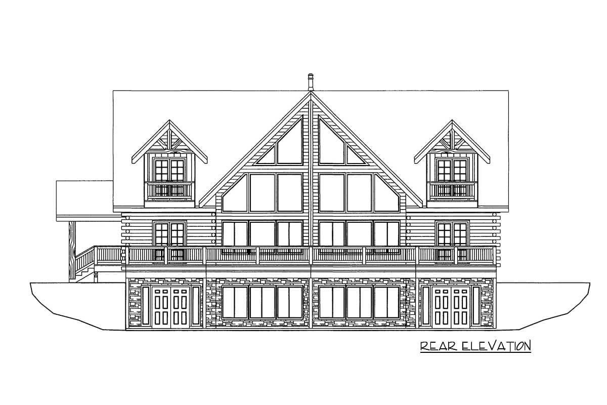 Rear elevation house plan featuring a log exterior, multi-story gables, extensive windows, and a stone foundation.