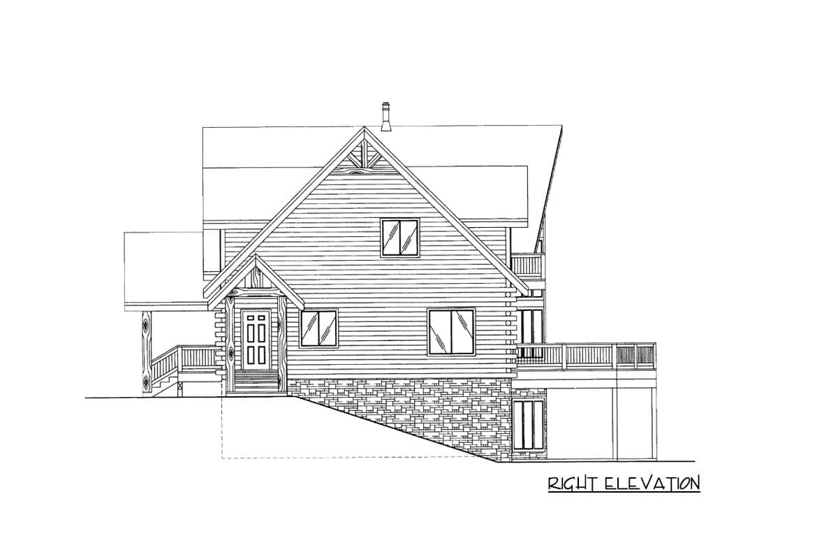 House plan right elevation showing a two-story home with a covered porch, gables, dormers, and stone foundation.
