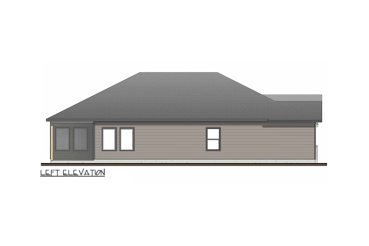 Left elevation drawing of a single-story house plan with siding, multiple windows, and a dark grey roof.