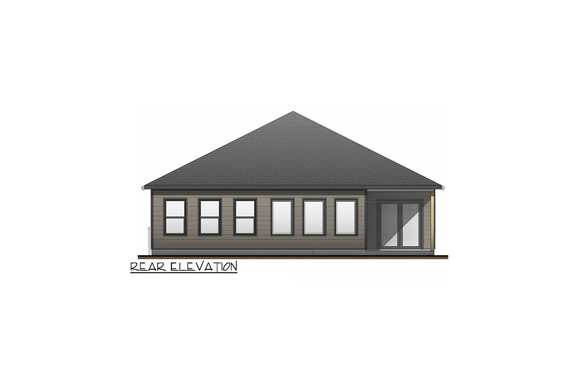 Rear elevation drawing of a house plan featuring a pitched roof, multiple windows, and double glass doors.