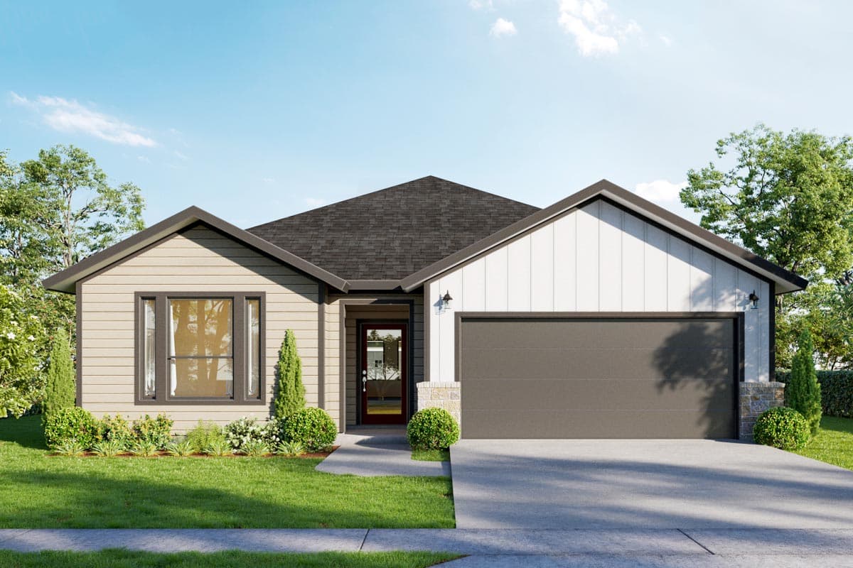 House plan exterior featuring a single-story Modern Farmhouse design. Includes a two-car garage, gable roof, and vertical siding.