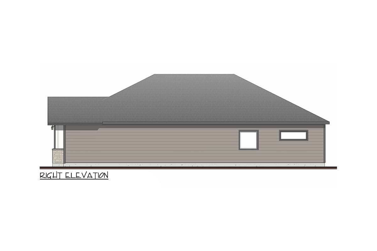 Right elevation house plan for a single-story home with horizontal siding, gabled roof, and two windows.