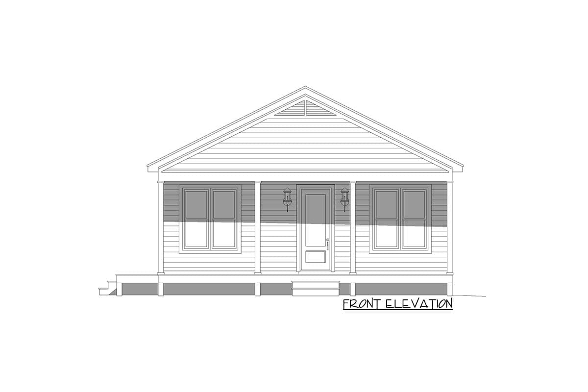 Front elevation drawing of a single-story house with a gable roof, front porch supported by columns, and two windows.