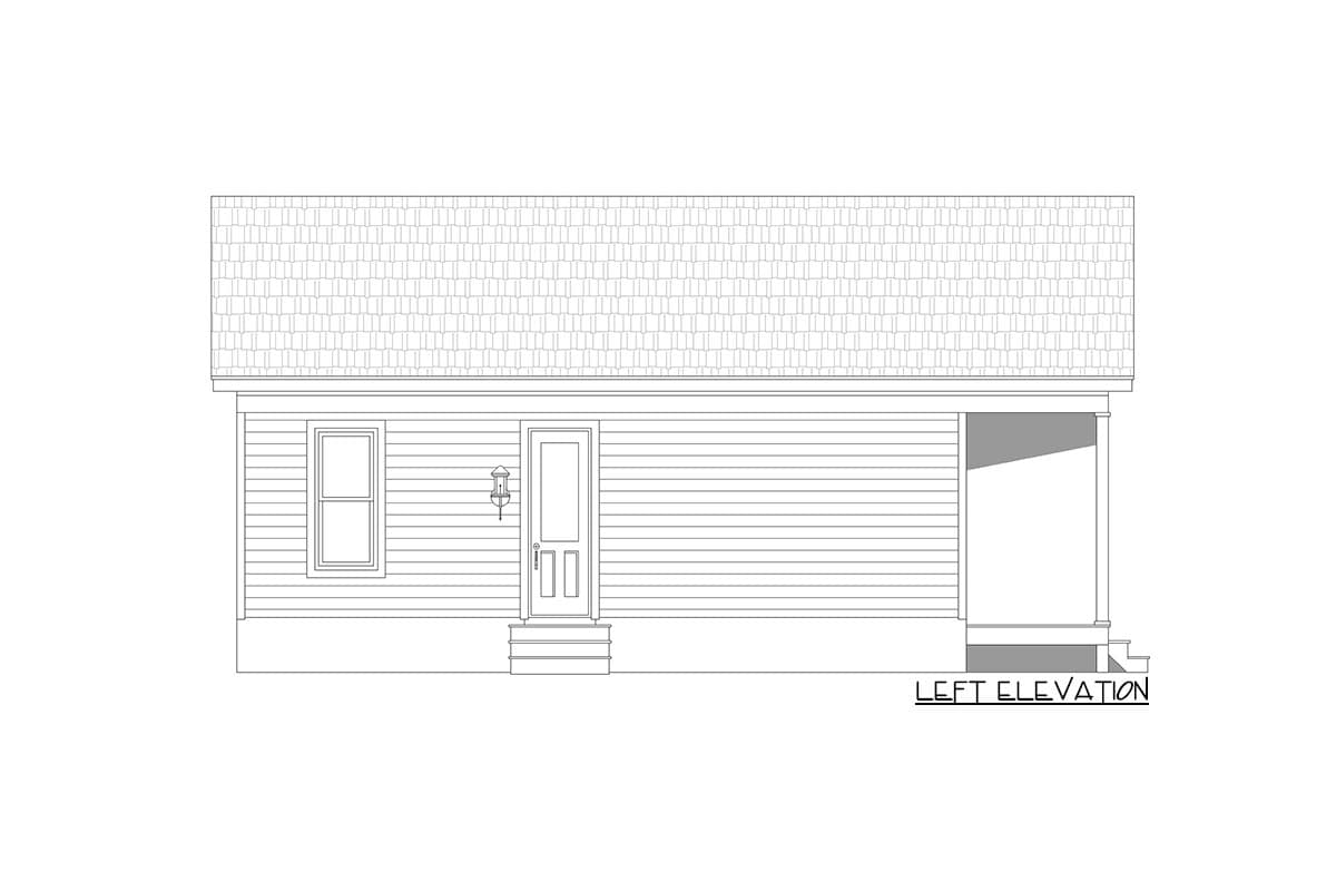 Left elevation house plan drawing of a single-story home with lap siding, a front door, one window, and a covered porch.