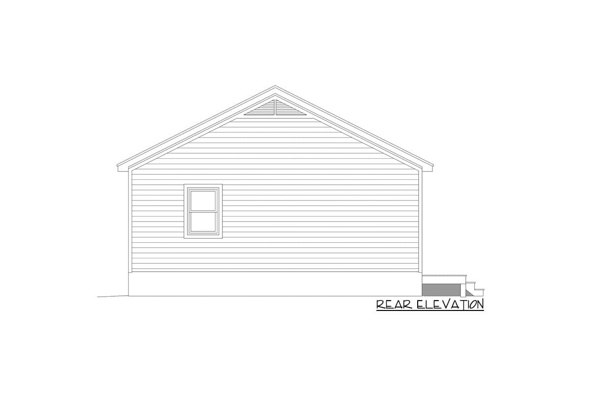 Rear elevation drawing of a house with horizontal siding, a gable roof, one window, and exterior steps.