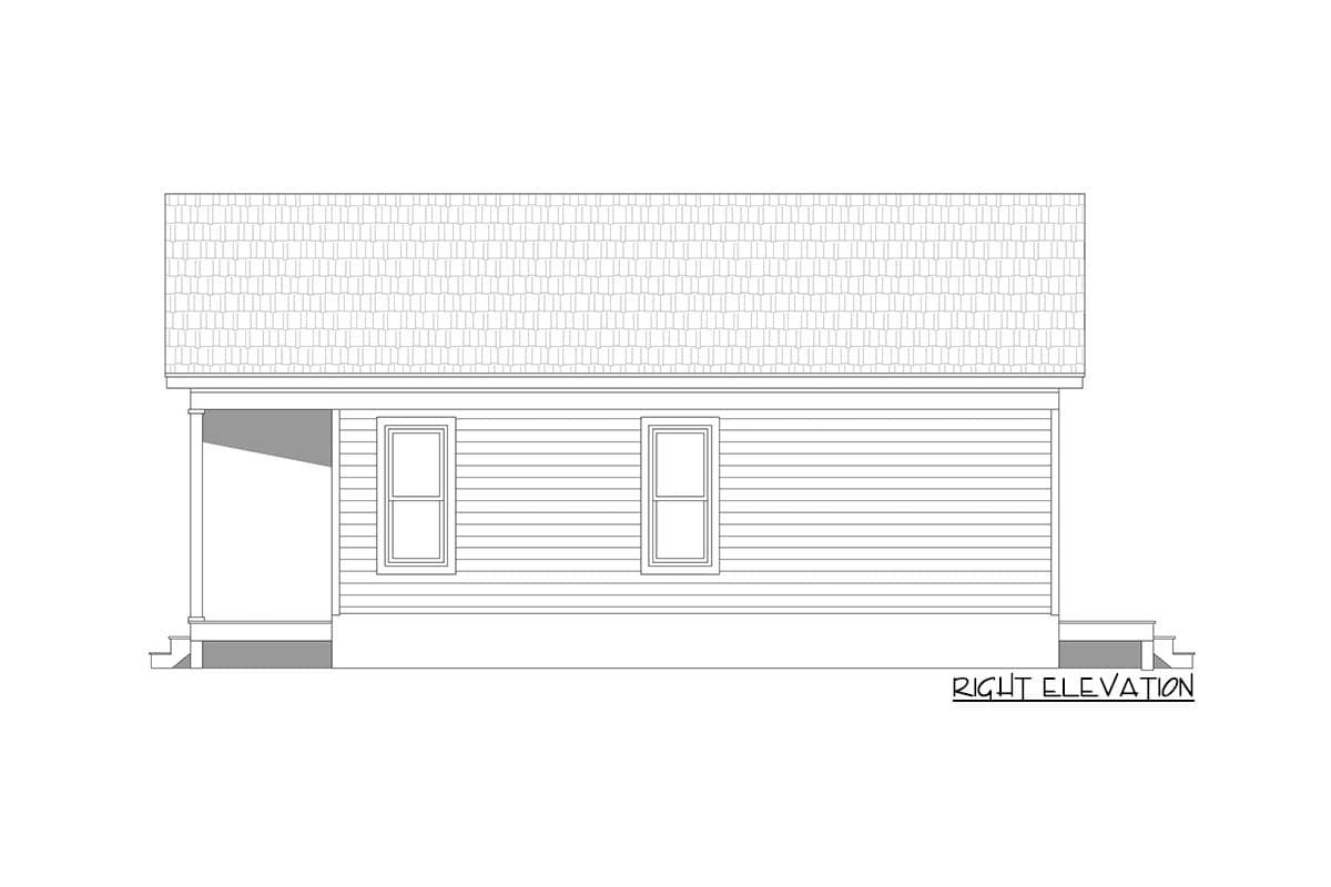 Right elevation drawing of a single-story house plan with a pitched roof, porch, and two windows.