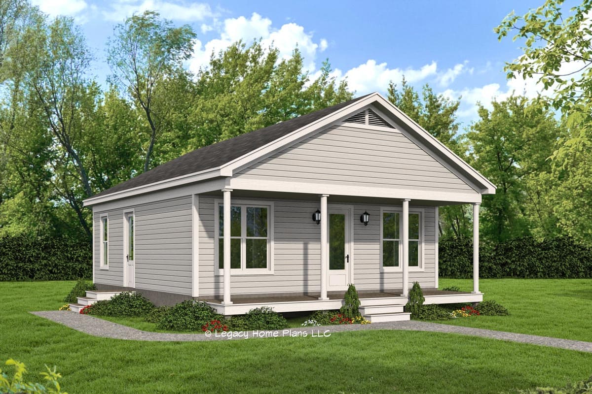 House plan exterior featuring a one-story, cottage-style home. It has a front porch with columns and a gabled roofline.