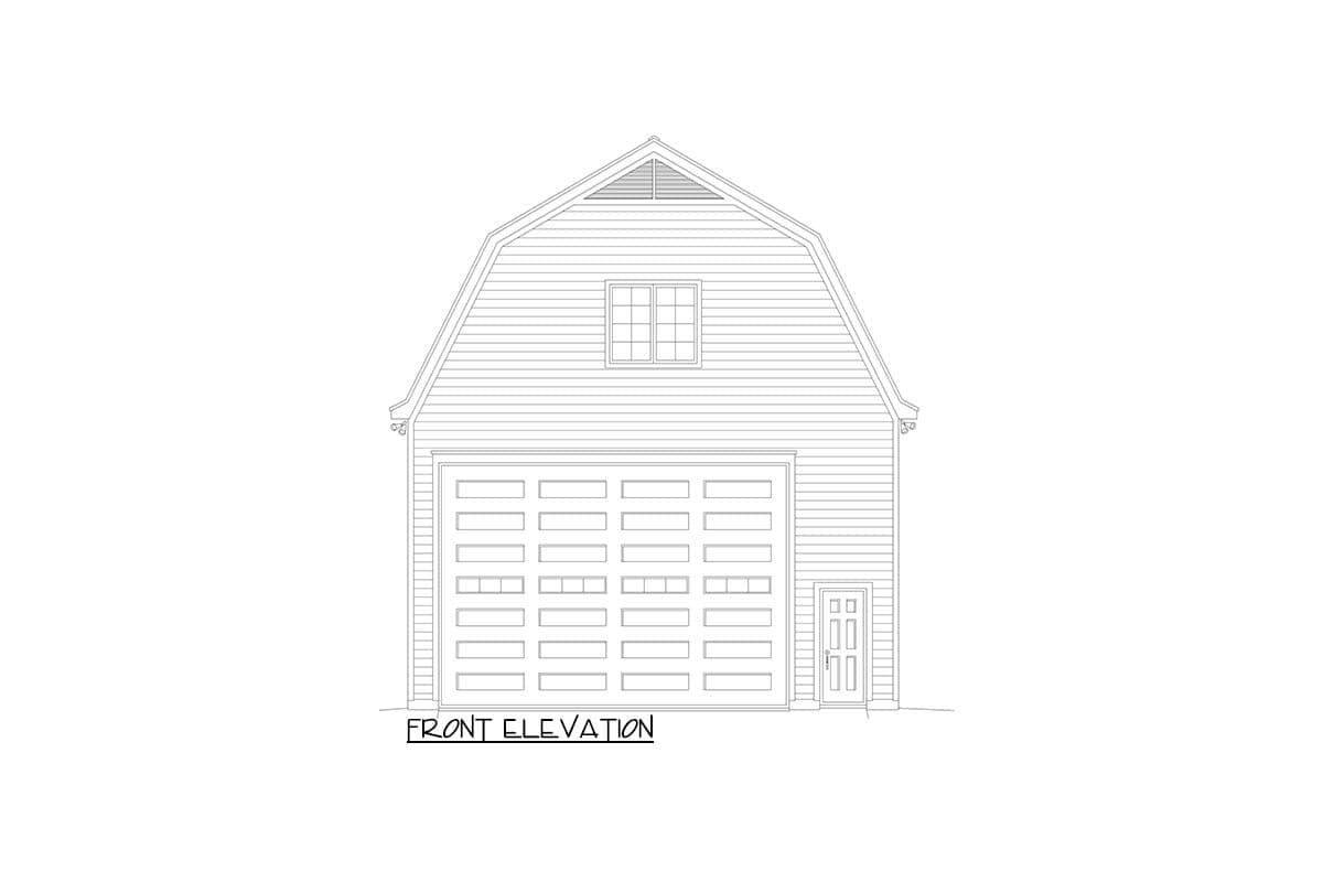 Front elevation drawing of a two-car garage with a gambrel roof, central garage door, and side pedestrian door.