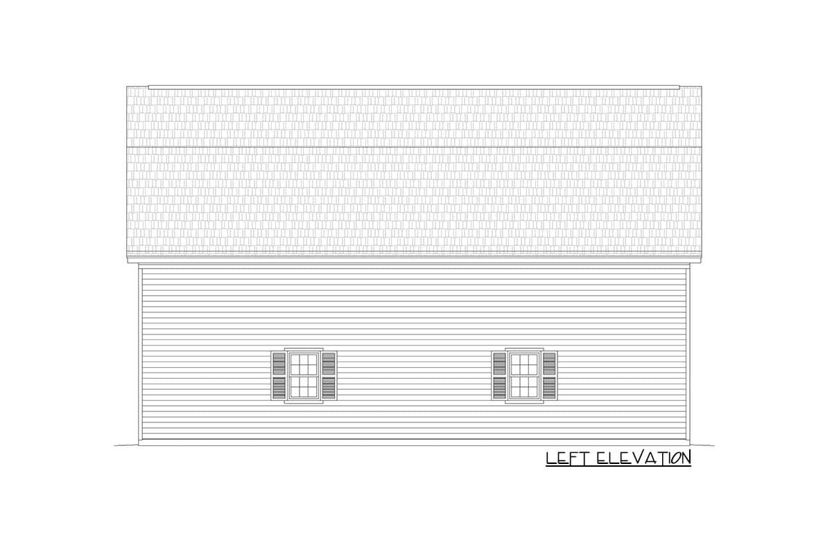Left elevation drawing of a house with horizontal siding, a gabled roof, and two windows with shutters.
