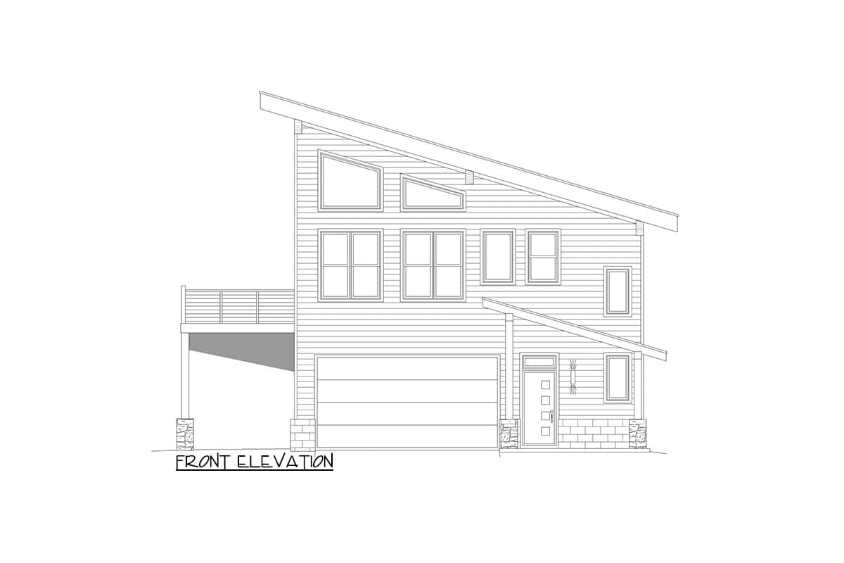 Front elevation of a house plan featuring a sloped roof, large windows, and an attached garage.