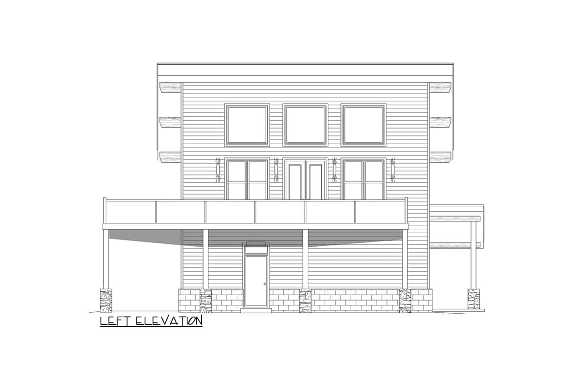 Left elevation house plan showing a two-story home with a second-story deck, horizontal siding, and stone-clad porch supports.