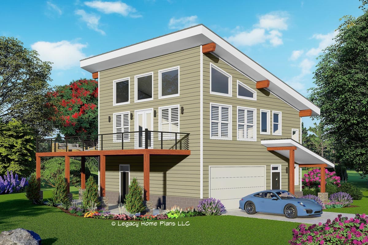 House plan exterior. Two-story Modern house with shed roof, deck, and attached garage. Features include angled windows and exposed timber beams.