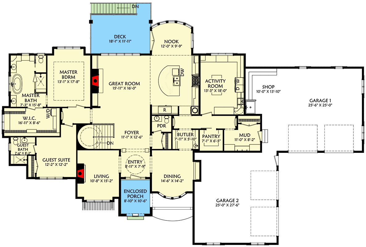 Plan 703009TYL: Luxury 5 Bedroom European-Style House Plan Under 5000 Square Feet on a Walkout Basement - Floor Plan - Main Level - European