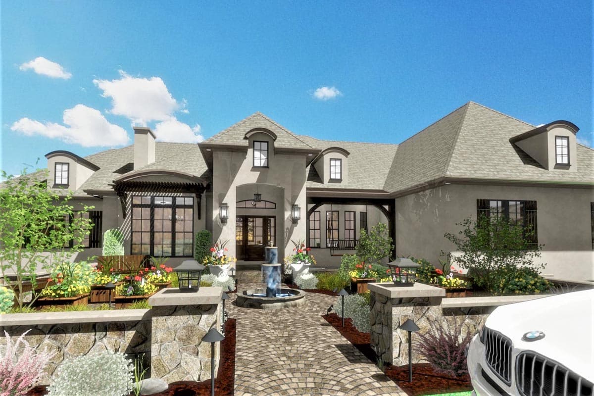 House plan exterior. Two-story stucco home with a hipped roof, dormers, and a covered porch. Features include a fountain and a paver walkway.