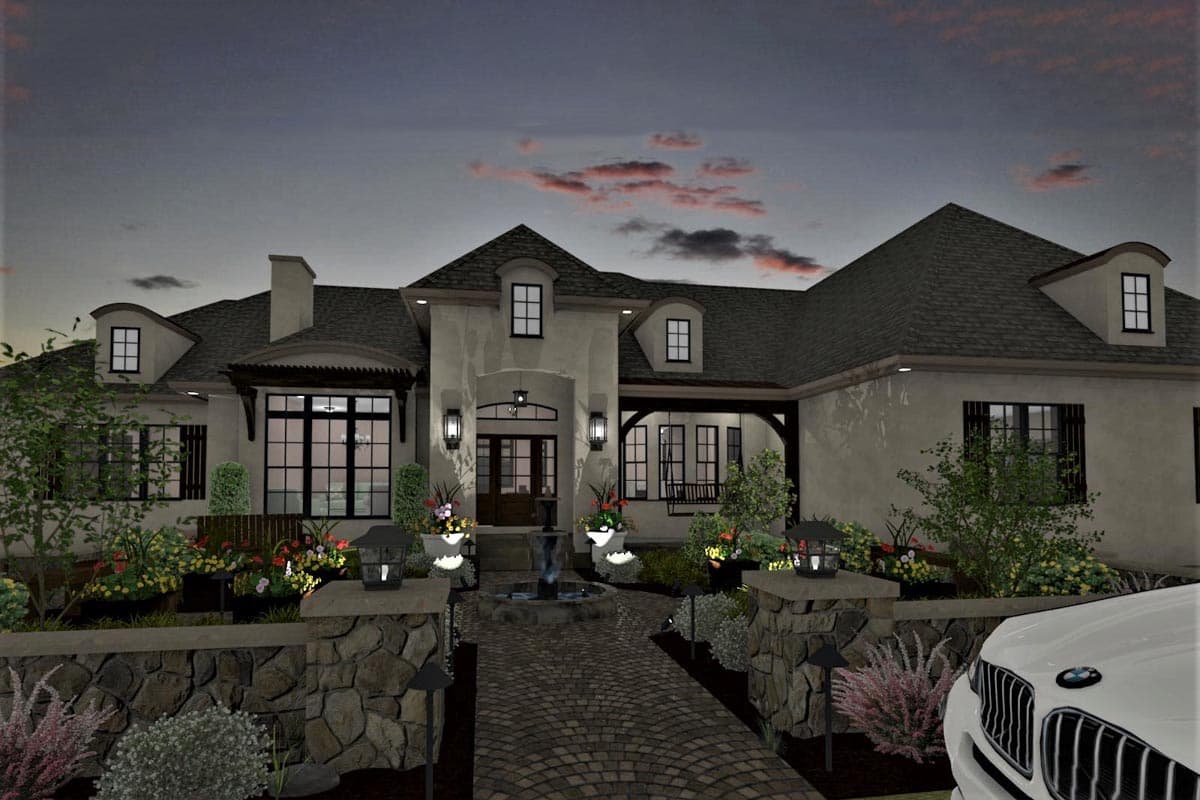 House plan exterior: Two-story stucco home with dormers, arched entryway, stone accents, and covered porch.