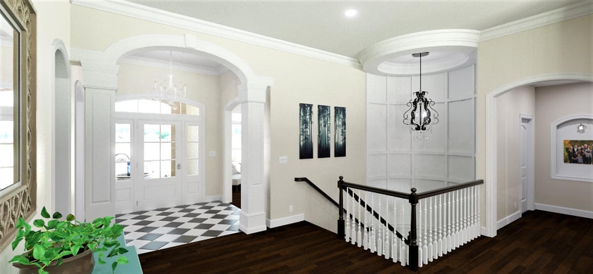 House plan interior: Foyer with checkered floor, double doors, arched openings, and staircase with white balusters.