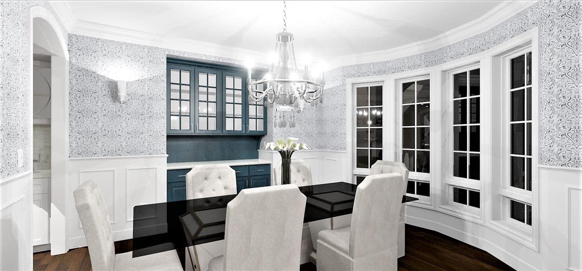 Dining room with wainscoting, patterned wallpaper, built-in cabinetry, chandelier, and bay windows.