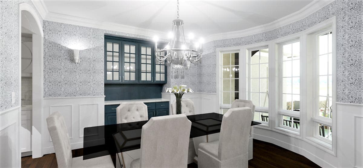 Dining room rendering with a glass-top table, upholstered chairs, built-in cabinetry, and bay windows.