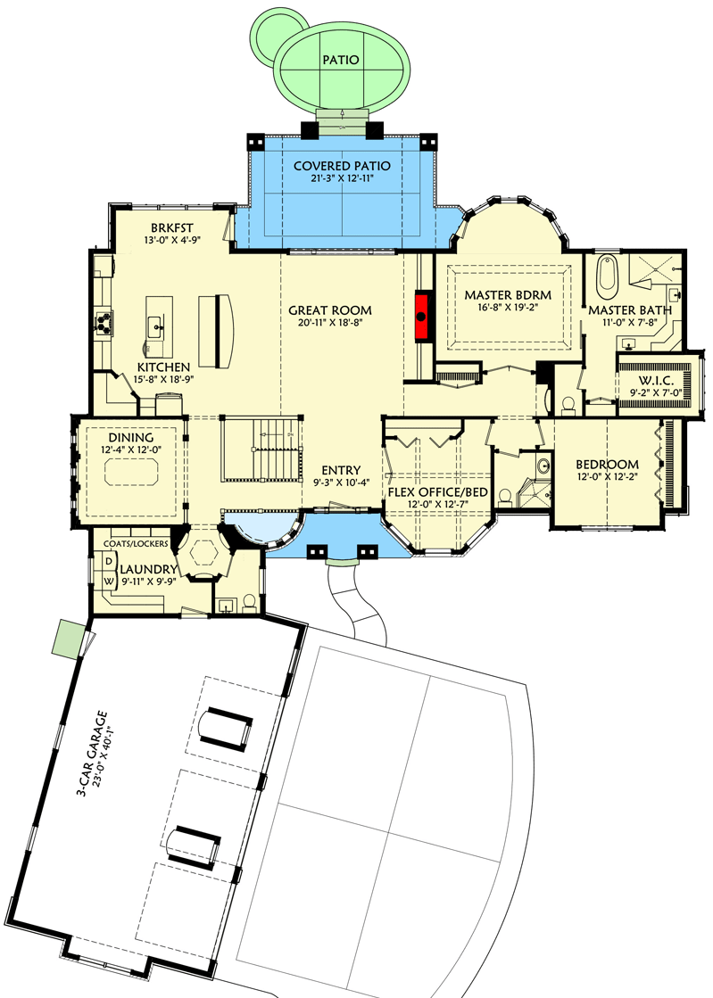 Plan 703010TYL: Transitional House Plan with Finished Lower Level and an Angled 3-Car Garage - Floor Plan - Main Level - European, Transitional