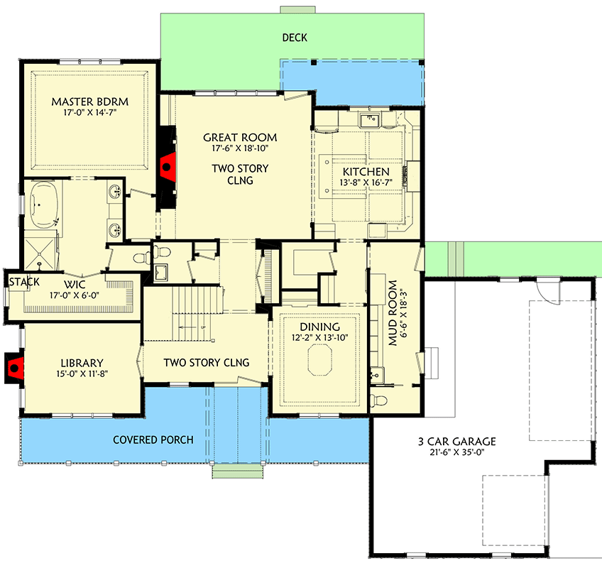 Plan 703011TYL: Contemporary Farmhouse Plan Under 3500 Sq Ft with 5 Bedrooms and a Loft with 2 Overlooks - Floor Plan - Main Level - Country, Farmhouse, Modern Farmhouse, Traditional
