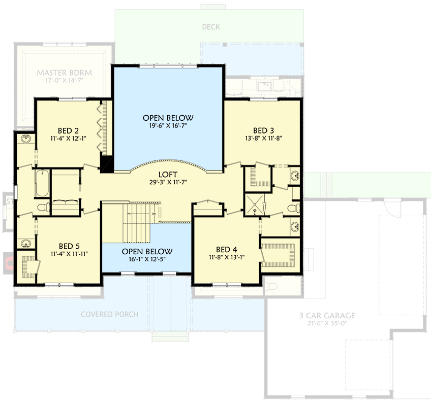 Plan 703011TYL: Contemporary Farmhouse Plan Under 3500 Sq Ft with 5 Bedrooms and a Loft with 2 Overlooks - Floor Plan - 2nd Floor - Country, Farmhouse, Modern Farmhouse, Traditional