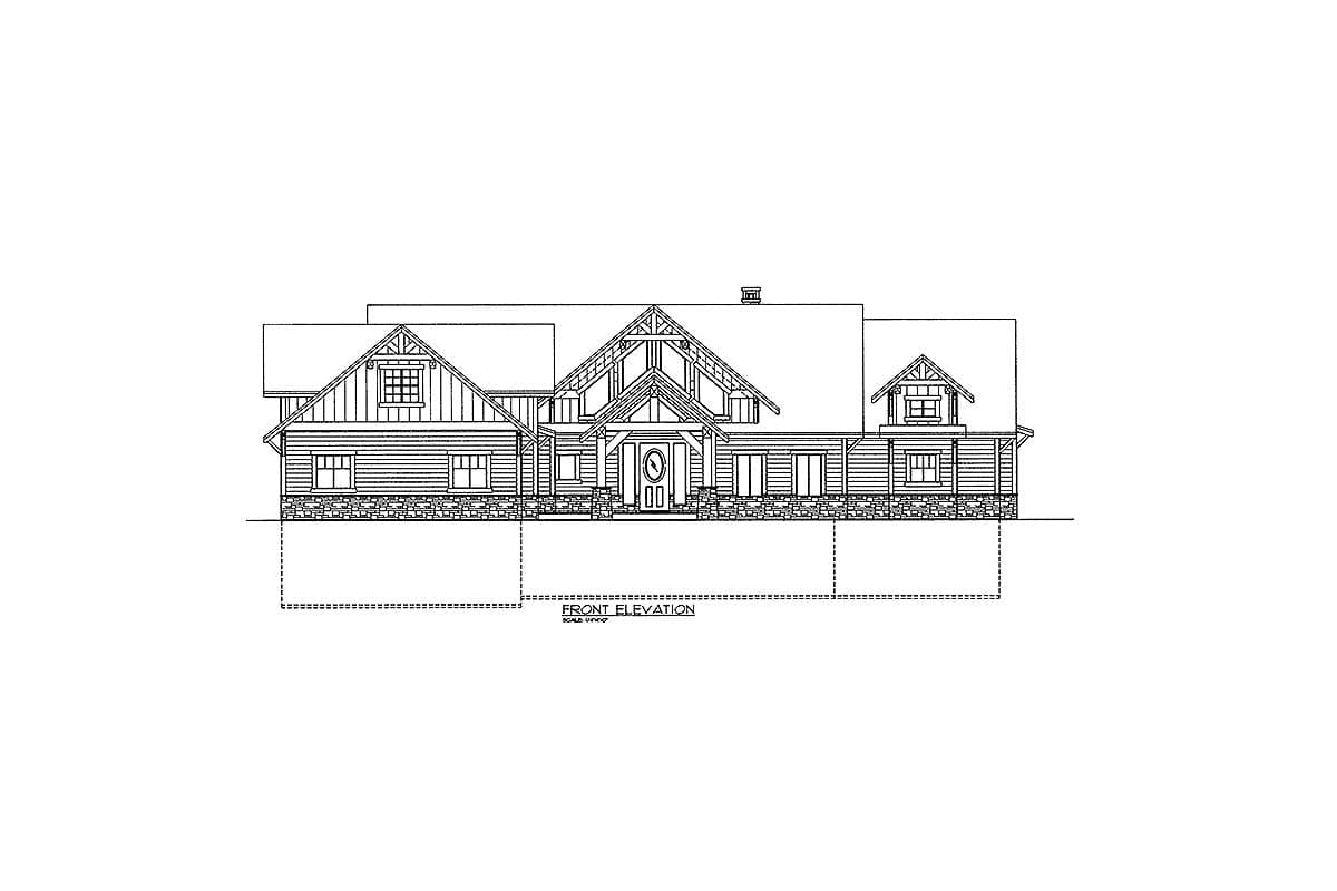 Front elevation drawing of a two-story house plan with stone foundation, prominent gables, and covered entry.