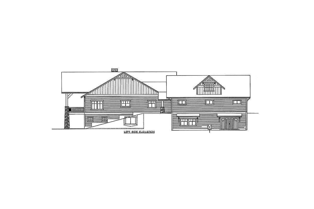 Left side elevation drawing of a two-story house plan featuring a prominent gable, covered porch with stone supports, and a detached garage.