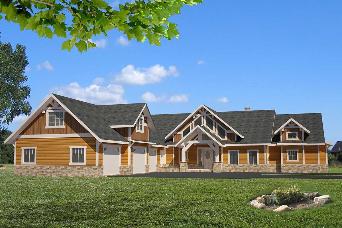 House plan exterior. Craftsman style, single-story home with gabled roof, dormers, and front-entry porch. Features include a three-car garage.