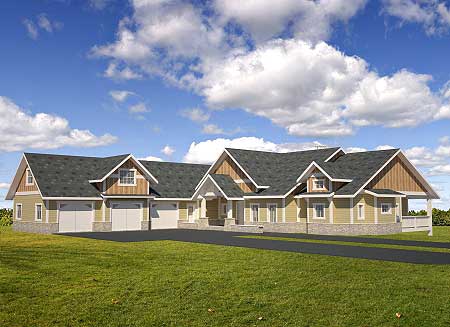 House plan exterior of a one-story home with a wide, multi-car garage, prominent gables, and covered porch.
