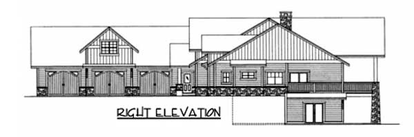 Right elevation house plan showing a multi-story structure with a gabled dormer, multiple garage doors, and a wraparound porch.
