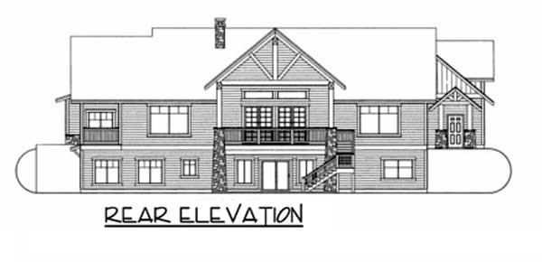 Rear elevation house plan featuring a prominent gable, balcony, stone accents, and multiple window levels.