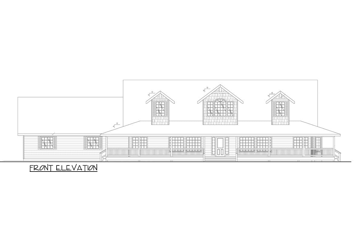 Front elevation drawing of a two-story house with a wraparound porch, multiple gables, and dormer windows.