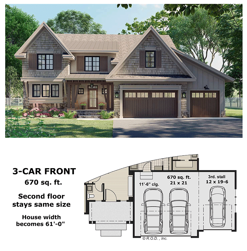 Plan 14780RK: 3 Bed 2 Story Craftsman Home Plan Under 2700 Square Feet with Main Floor Home Office - Floor Plan - Main Level - Optional 3-Car Front Garage - Craftsman, Shingle