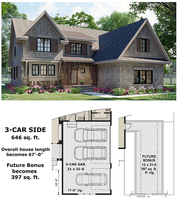 Plan 14780RK: 3 Bed 2 Story Craftsman Home Plan Under 2700 Square Feet with Main Floor Home Office - Floor Plan - Main Level - Optional 3-Car Side Garage - Craftsman, Shingle