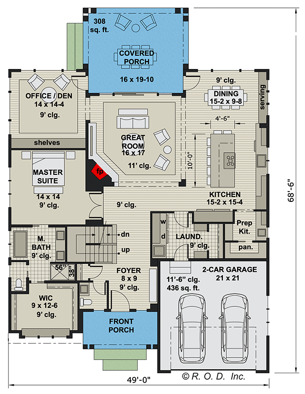 Plan 14781RK: 4 Bed 2 Story Craftsman-Style House Plan Under 3200 Square Feet with 2 Laundry Rooms - Floor Plan - Main Level - Country, Craftsman, Shingle