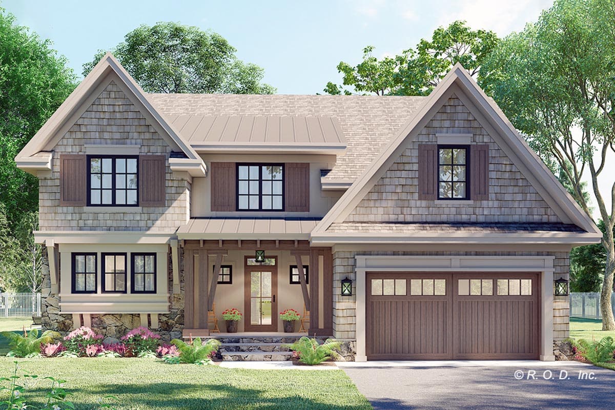 House plan exterior: Two-story home with stone foundation, gables, wood shakes, covered porch, and attached garage.
