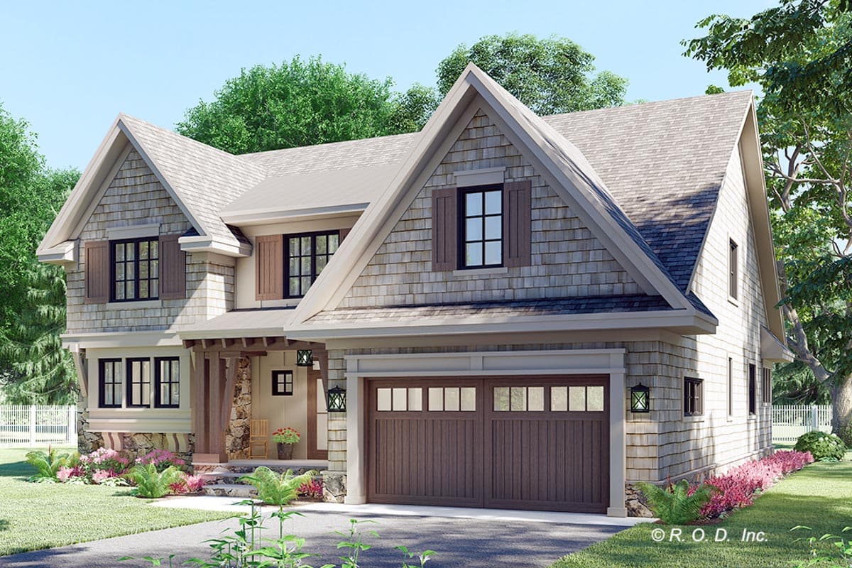House plan exterior, two-story Modern Farmhouse with shake siding, gables, dormers, and a two-car front-facing garage.