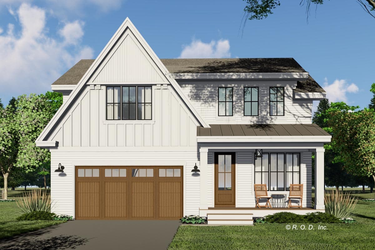 House plan exterior rendering. Two-story Modern Farmhouse with gabled roof, board-and-batten siding, and a covered porch. Attached garage.