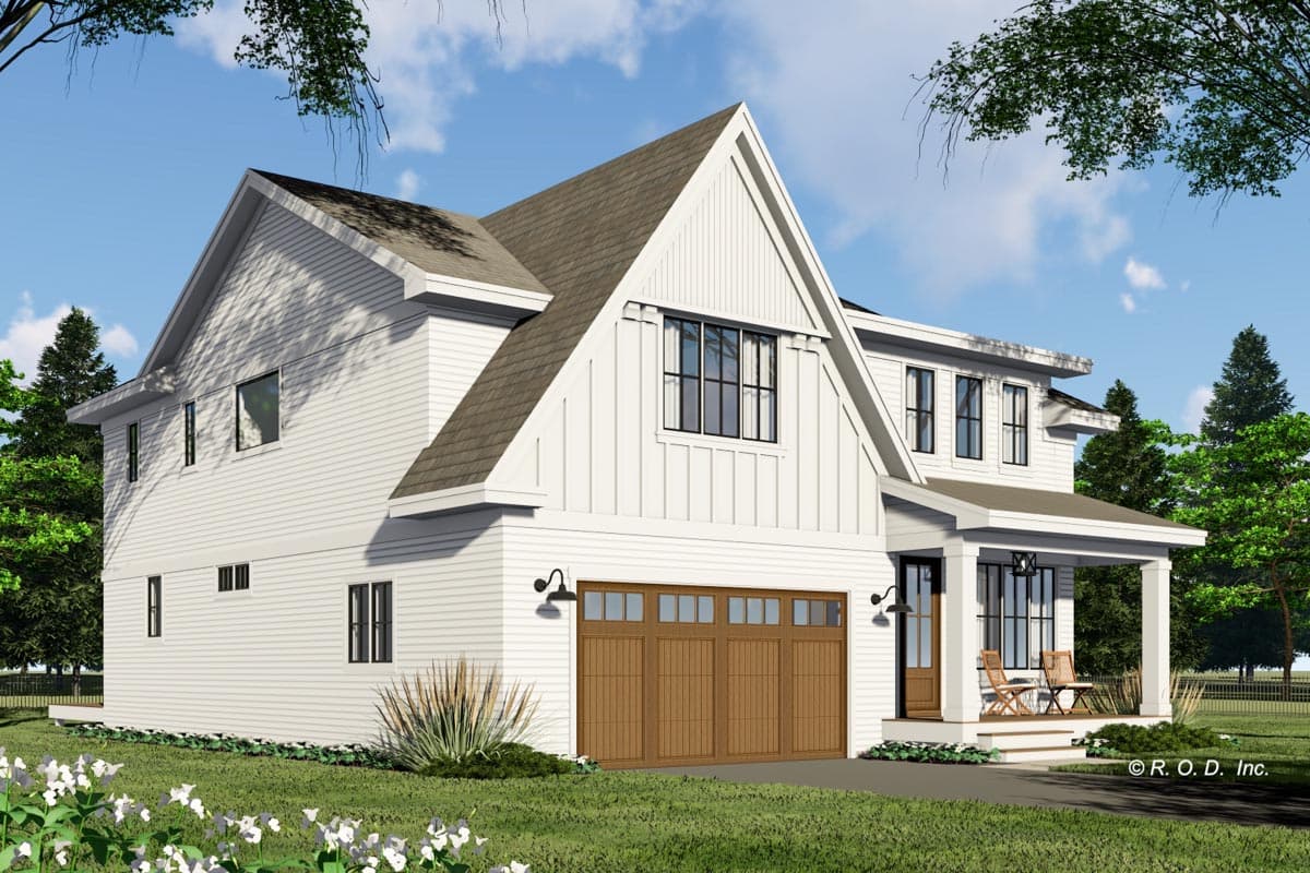 Modern Farmhouse house plan exterior with two stories, white siding, board and batten accents, gable dormers, and a covered front porch.