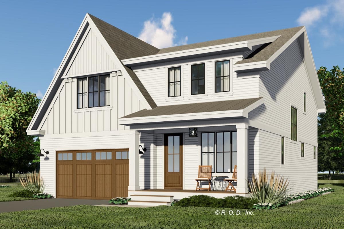 House plan exterior: Modern Farmhouse style, two stories, with a covered porch, vertical siding, and a side-facing garage.