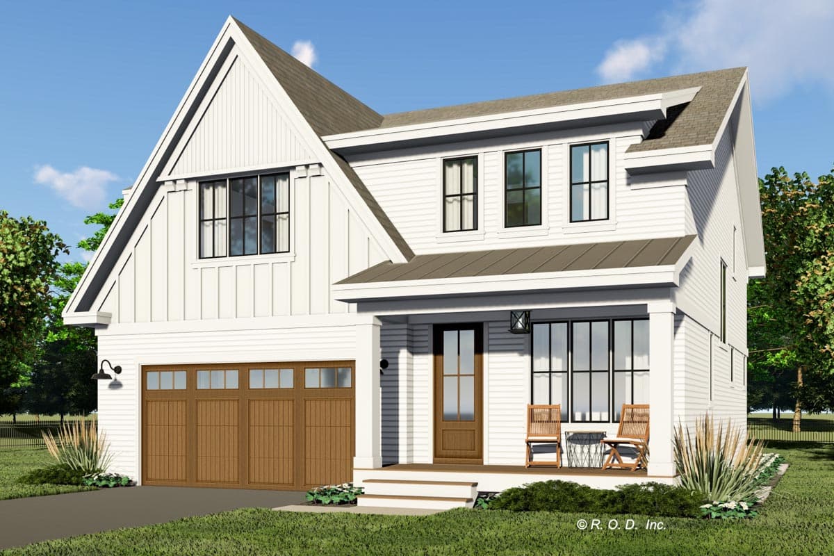 Modern Farmhouse house plan exterior with gables, board and batten siding, and a covered front porch.