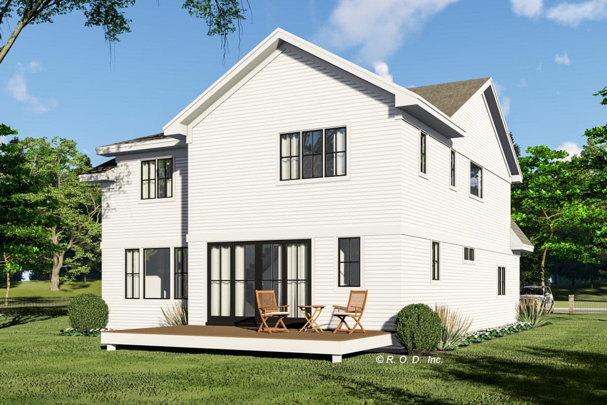 House plan exterior: Two-story white siding home with multiple gables, large sliding doors, a deck, and various window styles.