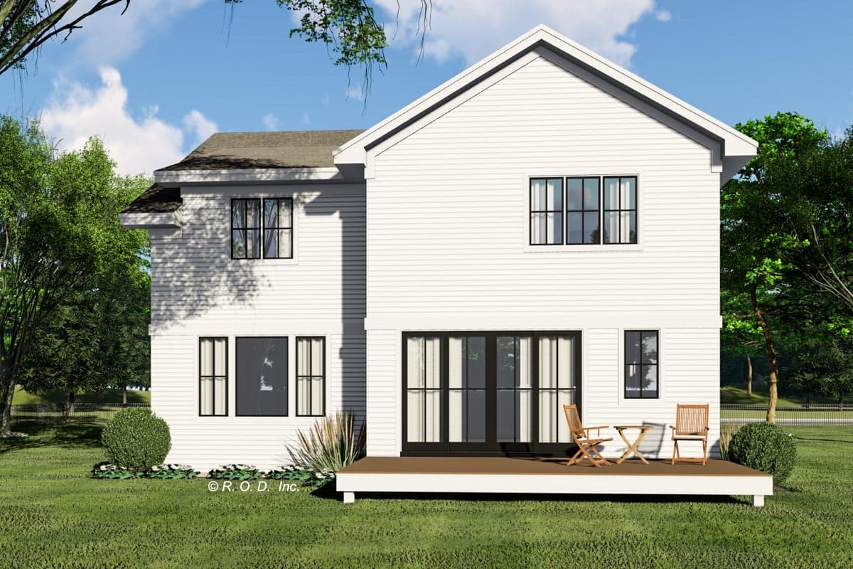 House plan exterior: Two-story modern farmhouse with a prominent gable, board-and-batten siding, and a rear deck with French doors.