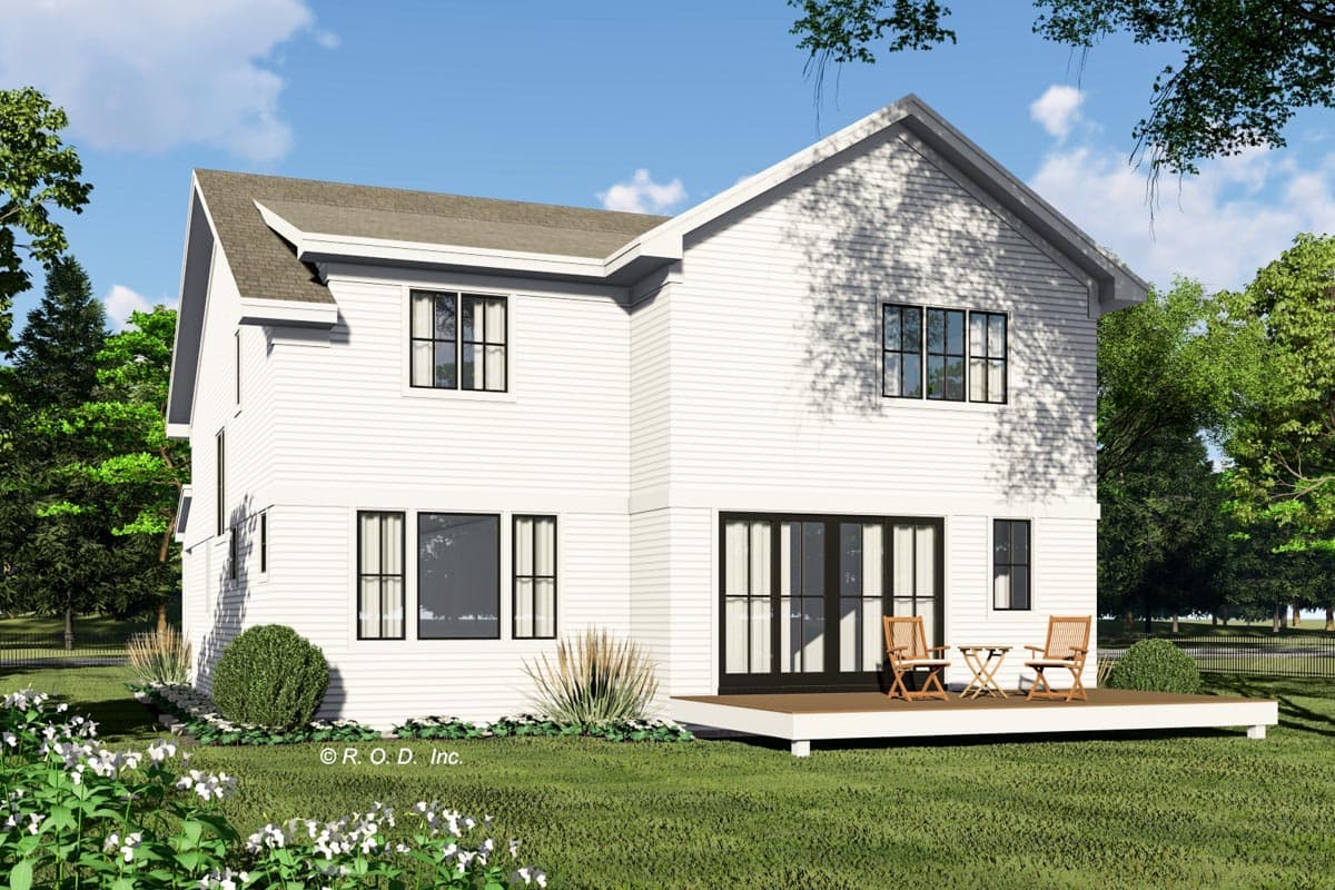 House plan exterior of a two-story white home with a gabled roof, multiple windows, and a rear deck with French doors.