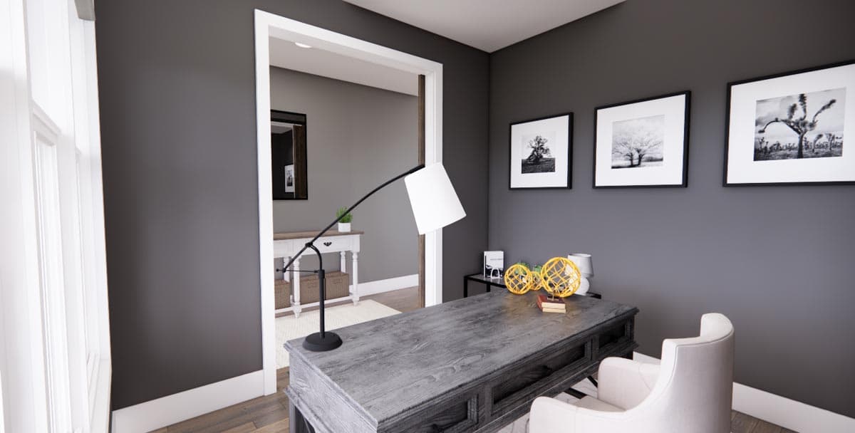Office rendering with dark gray walls, a wooden desk, white armchair, and framed landscape art.