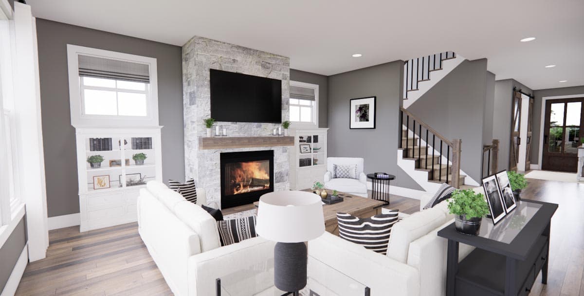 Interior rendering of a great room with a stone fireplace, large windows, built-in shelving, and a staircase.