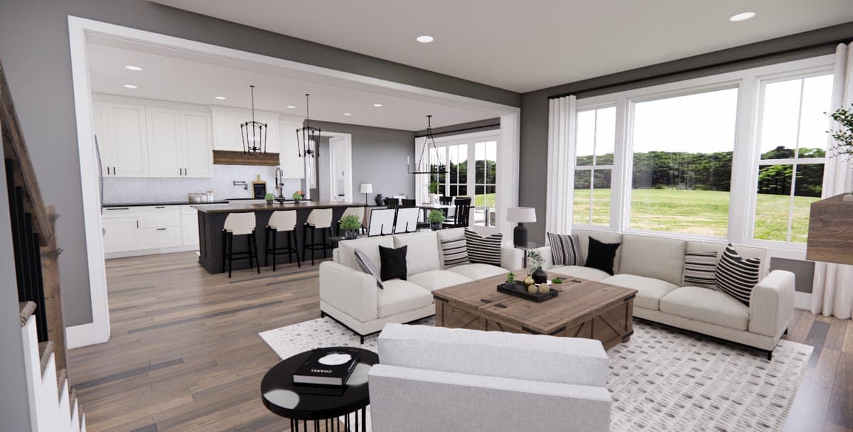 Rendering of an open-concept living area and kitchen with white cabinets, island, sectional sofa, and large windows.