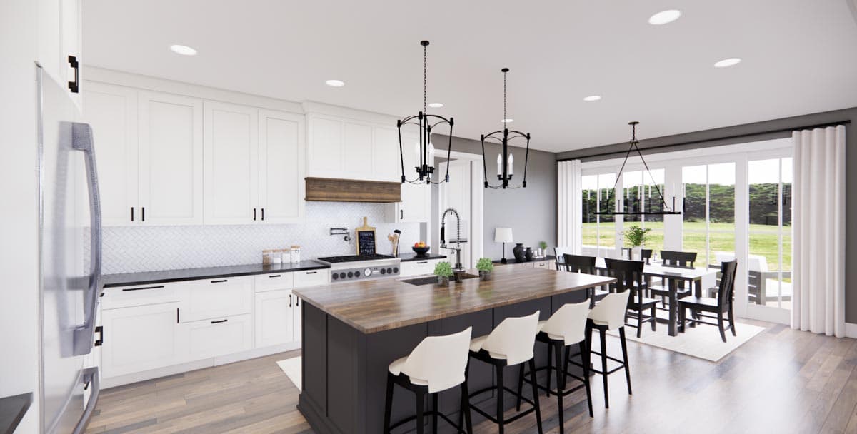 Interior rendering of a contemporary kitchen and dining area with a large island, white cabinetry, and dining table.
