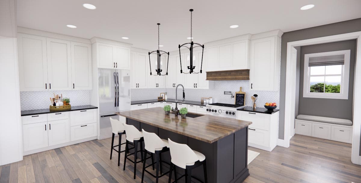 Kitchen with island, white cabinetry, subway tile backsplash, stainless steel appliances, and pendant lighting.