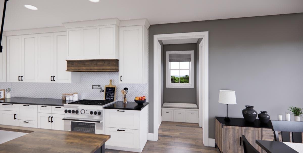 Kitchen rendering with white shaker cabinets, herringbone backsplash, gas range, wooden range hood, and breakfast nook with window seat.